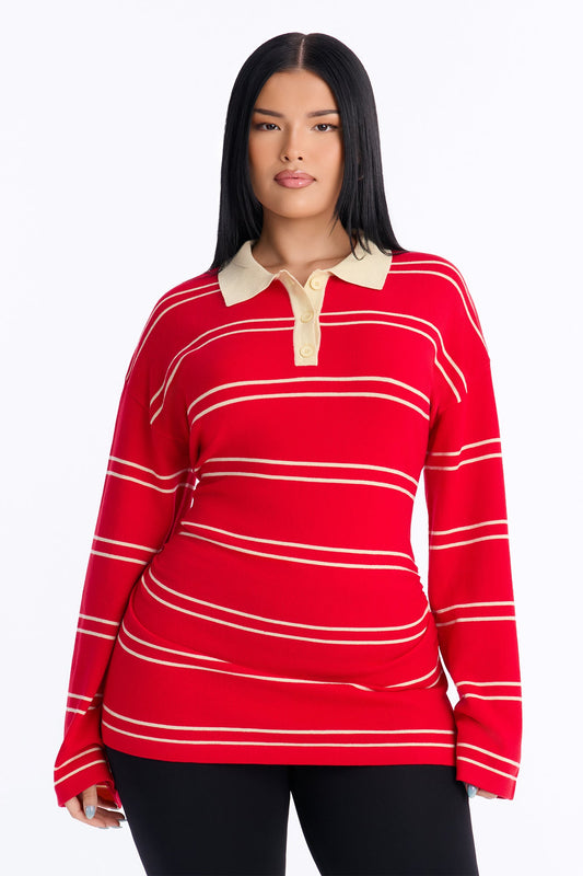 Snuggle Season Striped Polo Sweater - Red/combo