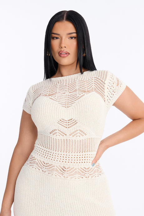 Heatwave Short Sleeve Crochet Maxi Dress - Cream