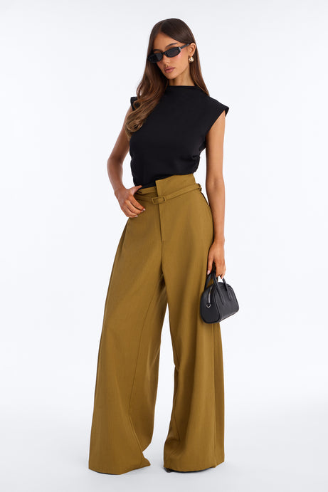 Amaia Asymmetrical Waist Belted Pleated Trouser - Olive