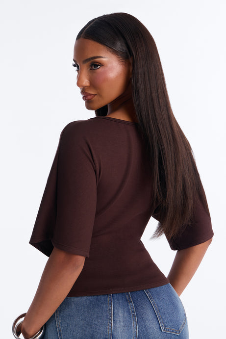 Cici Cinched Waist Short Sleeve Top - Brown