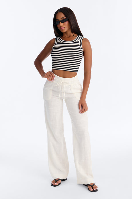 Amelie High Rise Drawstring Cotton Pant - White