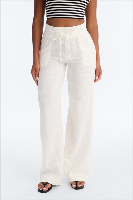 Amelie High Rise Drawstring Cotton Pant - White