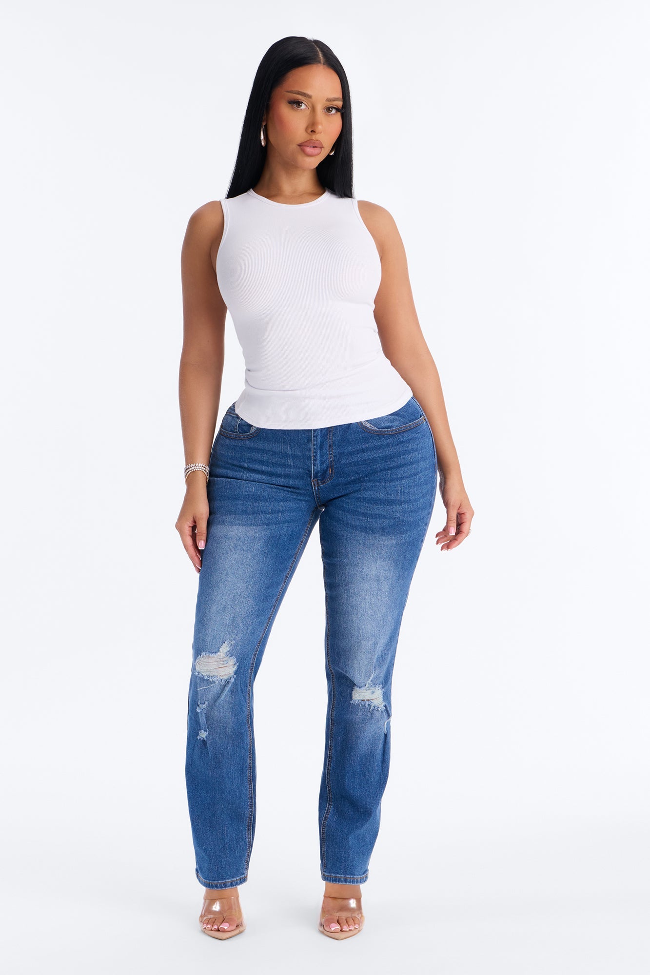 Beneath It All Ripped Ankle Straight Leg Jeans - Medium Wash