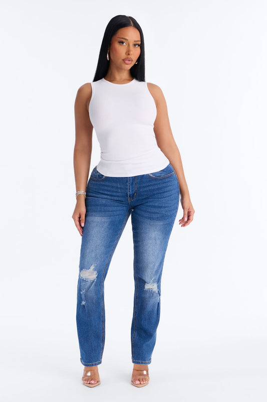 Beneath It All Ripped Ankle Straight Leg Jeans - Medium Wash
