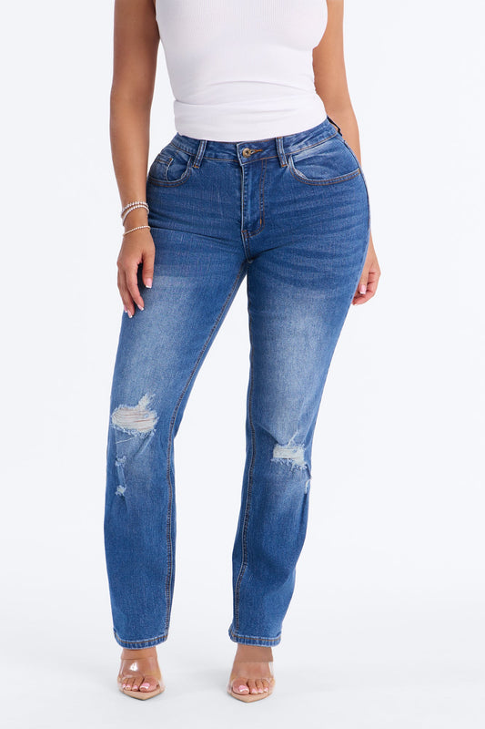 Beneath It All Ripped Ankle Straight Leg Jeans - Medium Wash