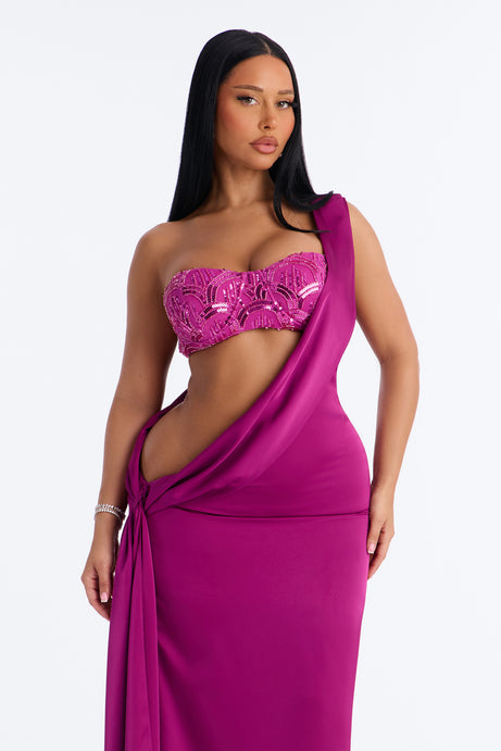 Pure Elegance Draped Satin Gown - Raspberry