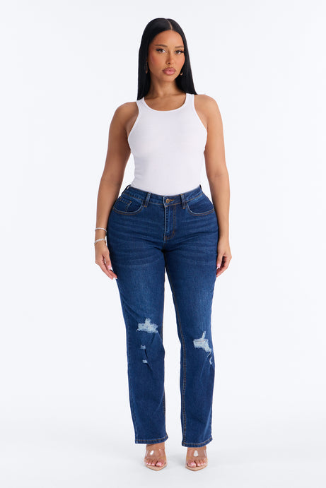 Beneath It All Ripped Ankle Straight Leg Jeans - Dark Wash