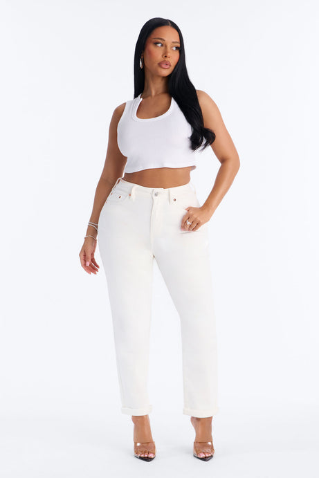 The Number One Stretch Roll Cuff Mom Jeans - White