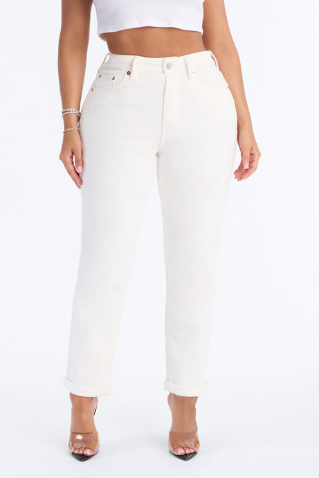 The Number One Stretch Roll Cuff Mom Jeans - White