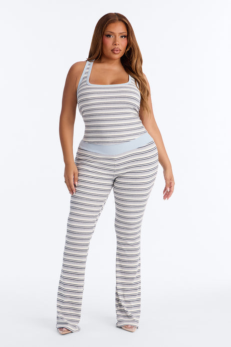 Tally Striped Ribbed Pant Set - Light Blue