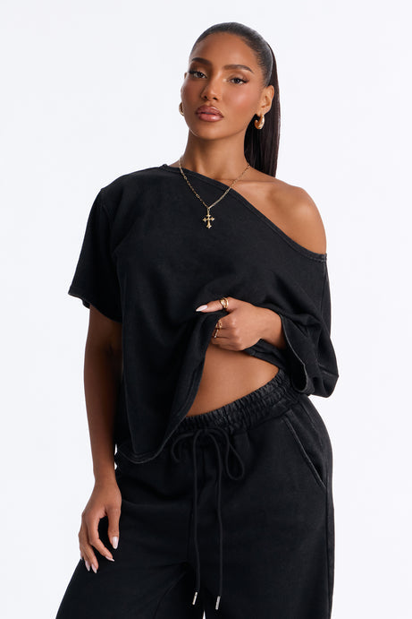 Strollin' By Off Shoulder Washed Pant Set - Black Wash