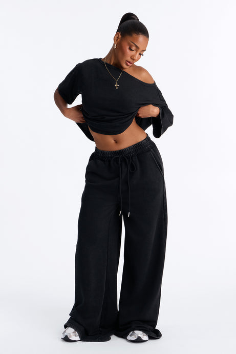 Strollin' By Off Shoulder Washed Pant Set - Black Wash