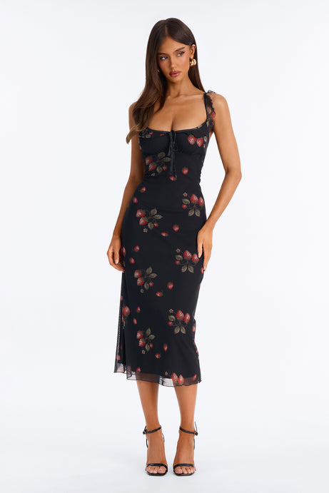 Amelia Floral Mesh Midi Dress - Black/combo