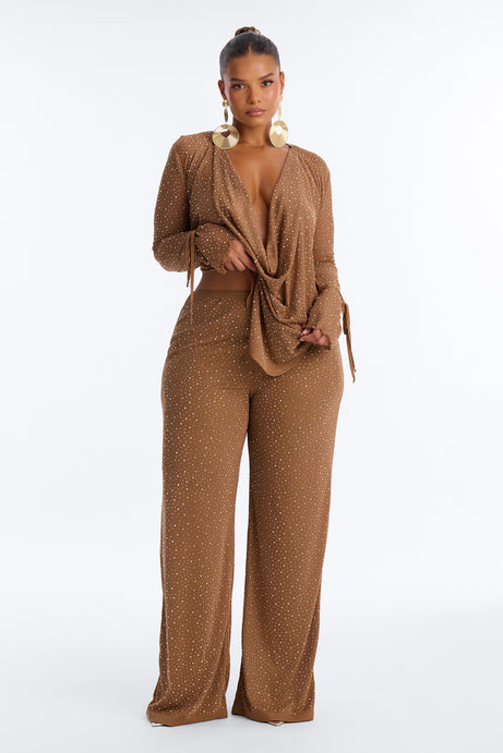 Silent Muse Rhinestone Cowl Neck Mesh Pant Set