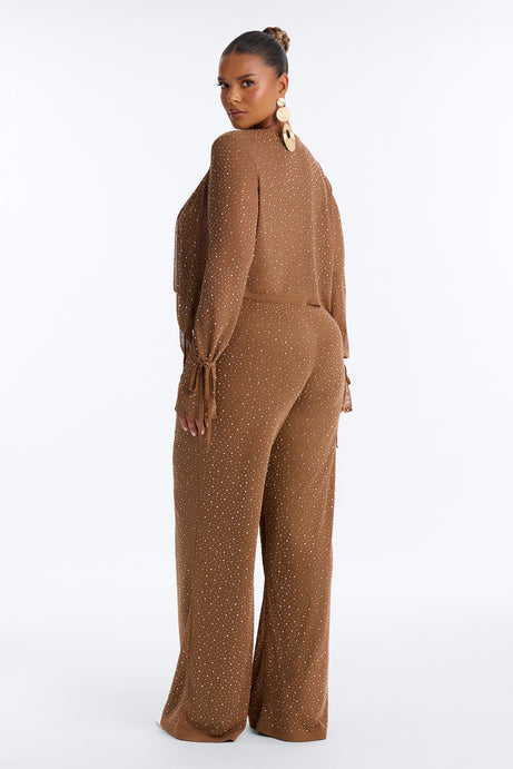 Silent Muse Rhinestone Cowl Neck Mesh Pant Set