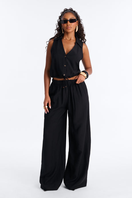 Vacation Nights Linen Pant Set - Black