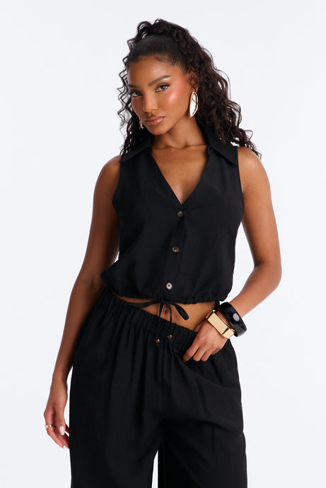 Vacation Nights Linen Pant Set - Black