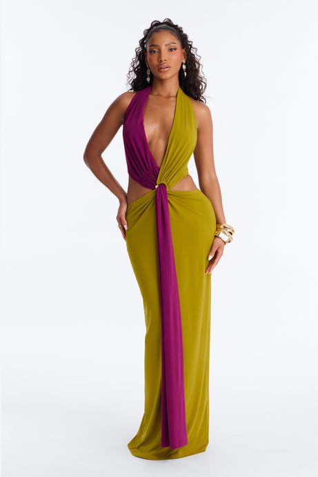 Larissa Colorblock Halter Maxi Dress - Chartreuse