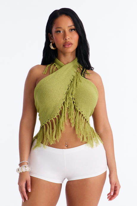 Living On Sunshine Fringe Sweater Halter Top