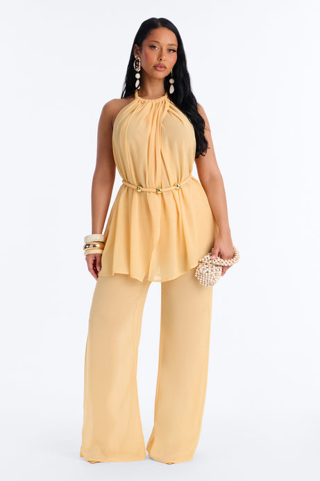 Pretty Prestige Belted Backless Halter Pant Set - Melon