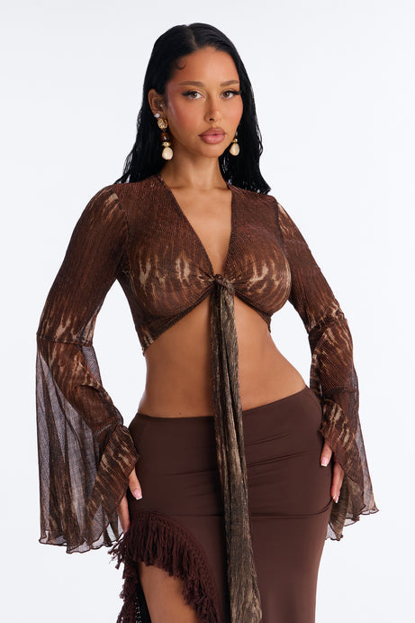 Anitta Animal Metallic Knit Tie Front Top - Chocolate/Combo
