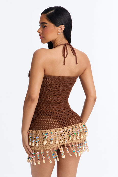 Shauna Crochet Beaded Strapless Cover Up Mini Dress - Brown/combo