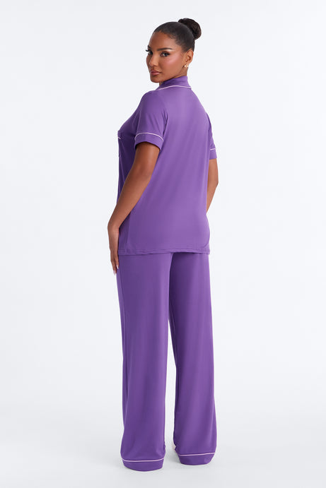 Blush Nights Short Sleeve Button Up PJ Pant Set - Purple
