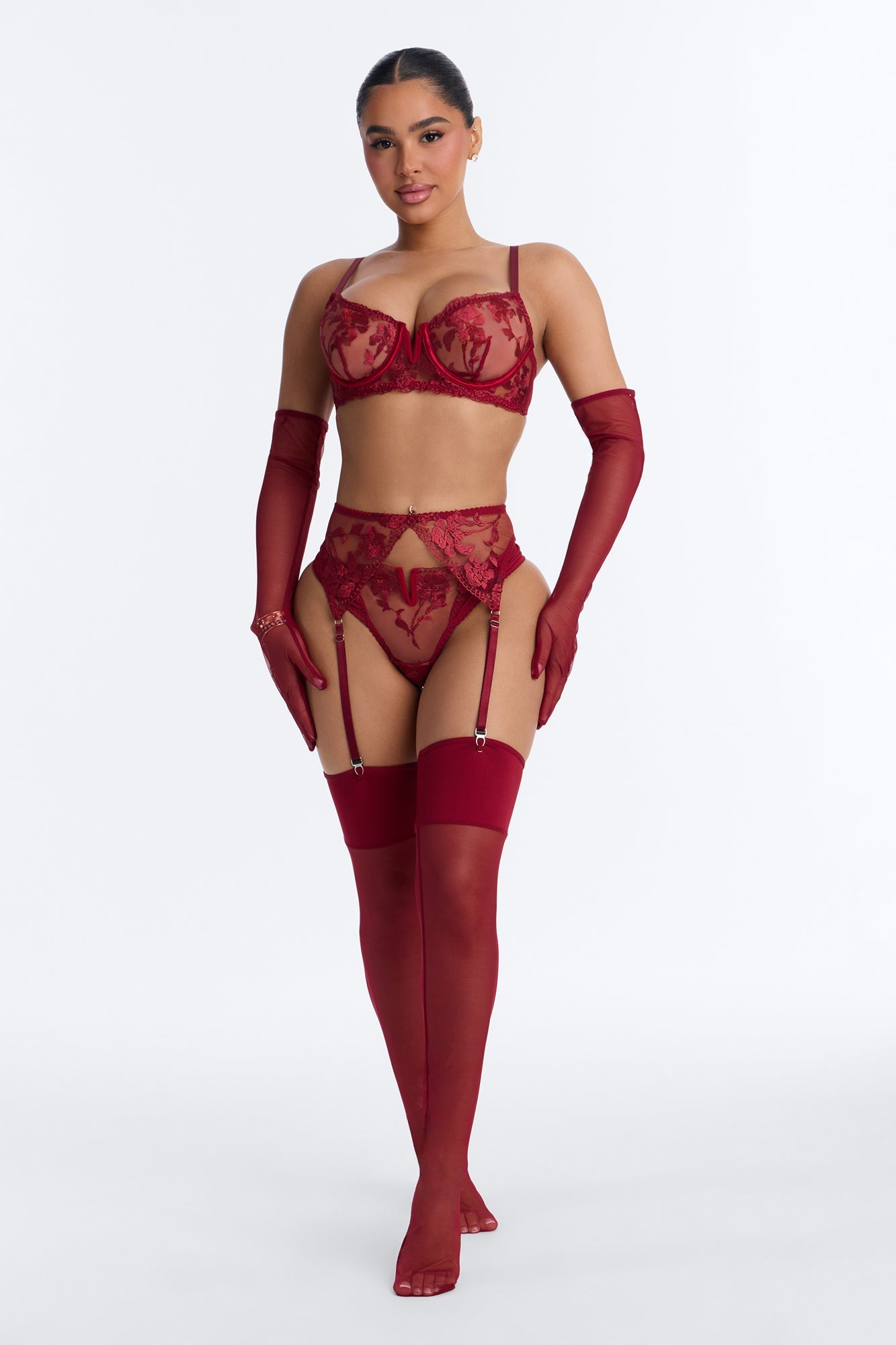 Follow Me Mesh Embroidered 5 Piece Bra & Panty Garter Set - Wine