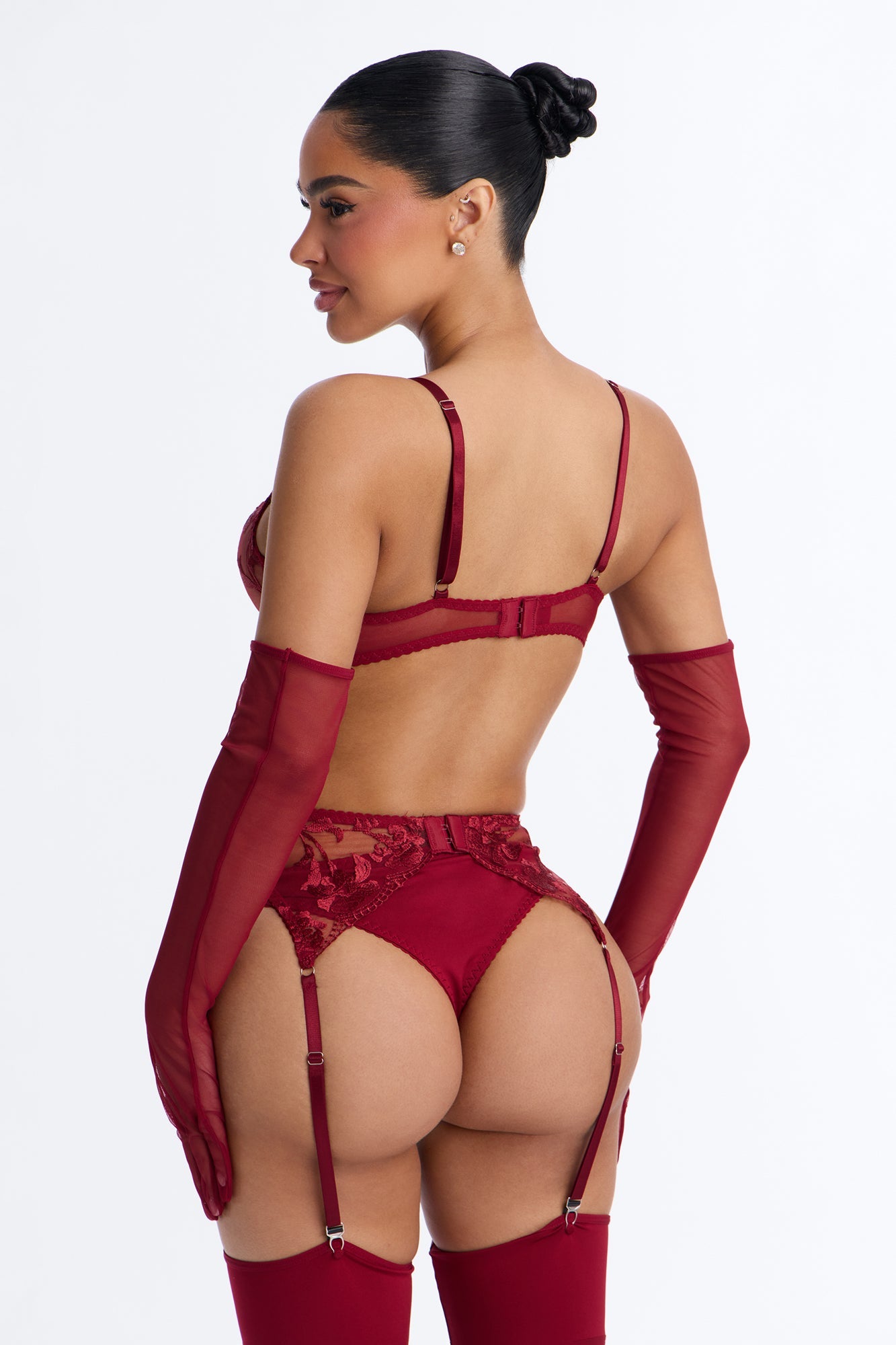 Follow Me Mesh Embroidered 5 Piece Bra & Panty Garter Set - Wine