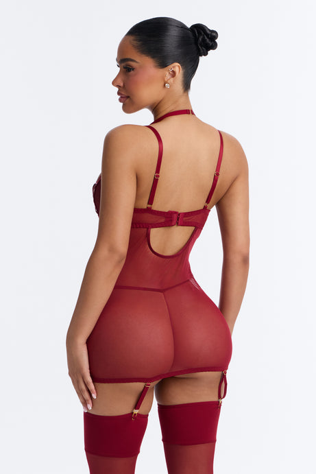 Dangerous Night Lace Up Double Straps Garter Chemise - Burgundy