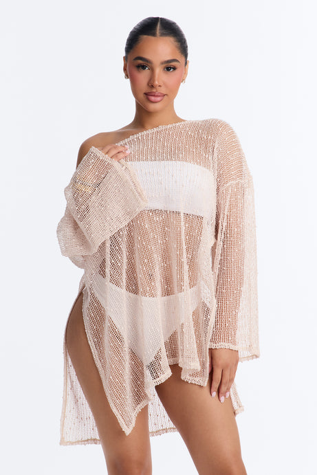 Sarah Textured Long Sleeves Off Shoulder Swim Cover Up Top - Taupe