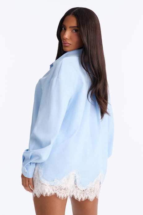 Zara Lace Trim Linen Short Set - Blue