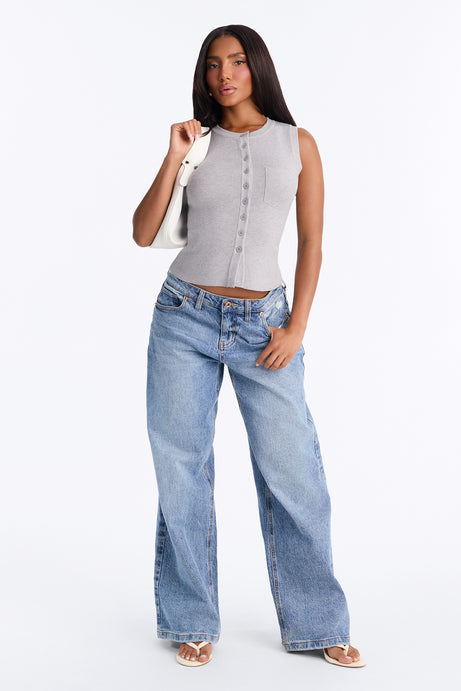 Leona Button Up Sweater Top - Heather Grey