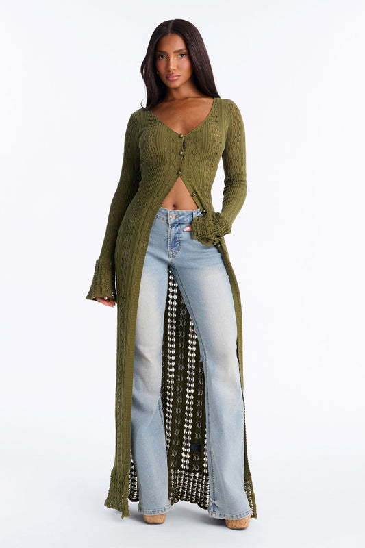 Geena Long Pointelle Cardigan Sweater - Olive