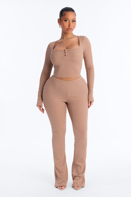 Marissa Long Sleeve Waffle Pant Set - Taupe