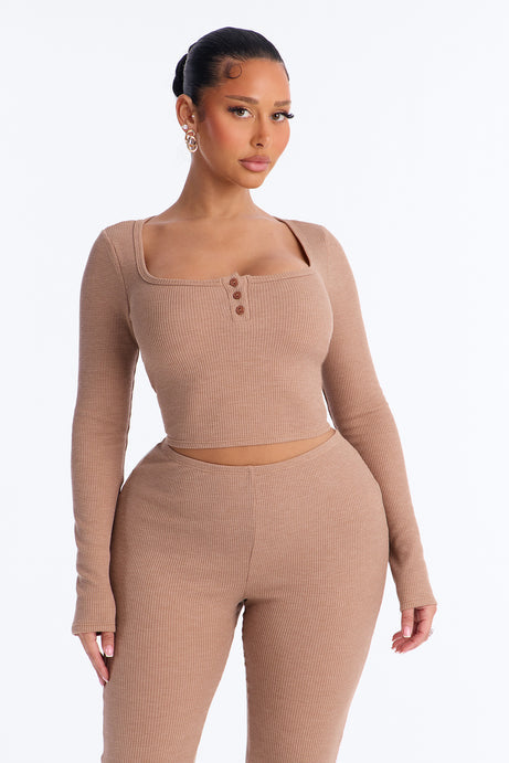 Marissa Long Sleeve Waffle Pant Set - Taupe