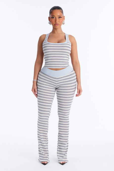Tally Striped Ribbed Pant Set - Light Blue