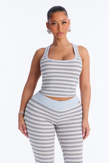 Tally Striped Ribbed Pant Set - Light Blue