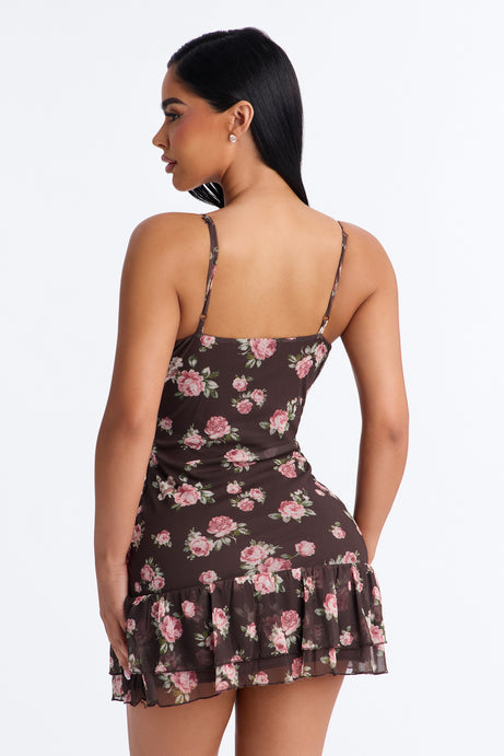 Bethany Ruffle Mesh Mini Dress - Brown/combo