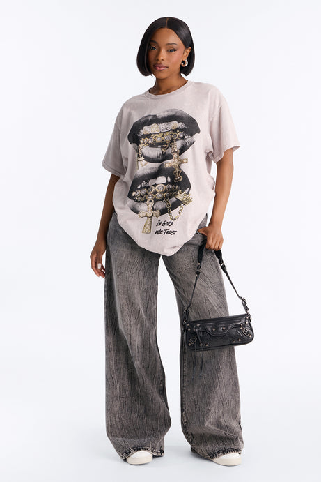 Grills And Chains Washed Oversized Tee - Light Grey