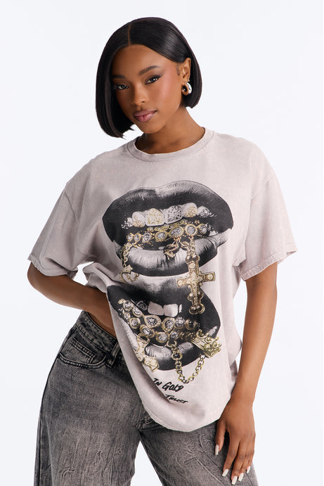Grills And Chains Washed Oversized Tee - Light Grey
