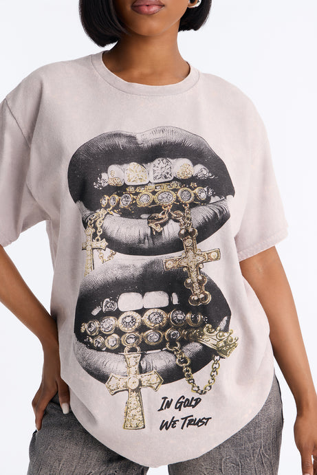 Grills And Chains Washed Oversized Tee - Light Grey