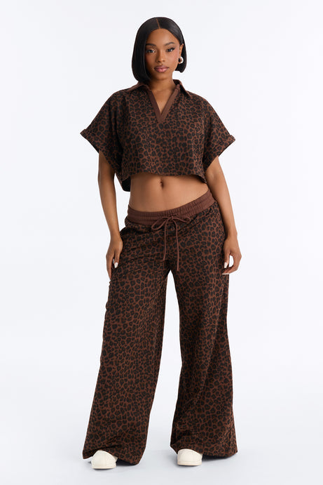 Leopard Lounge French Terry Pant Set - Brown/combo