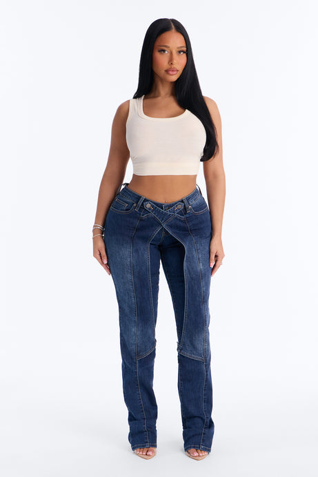 Cross My Mind Stacked Low Rise Slim Straight Leg Jeans - Dark Wash