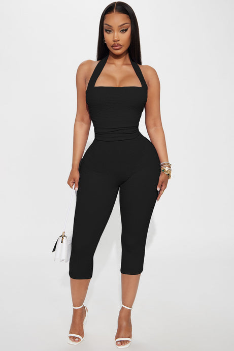 Delilah Textured Halter Capri Pant Set - Black