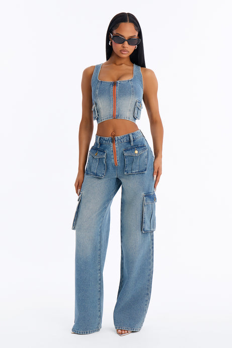 Cargo Cool Denim Pant Set - MediumWash