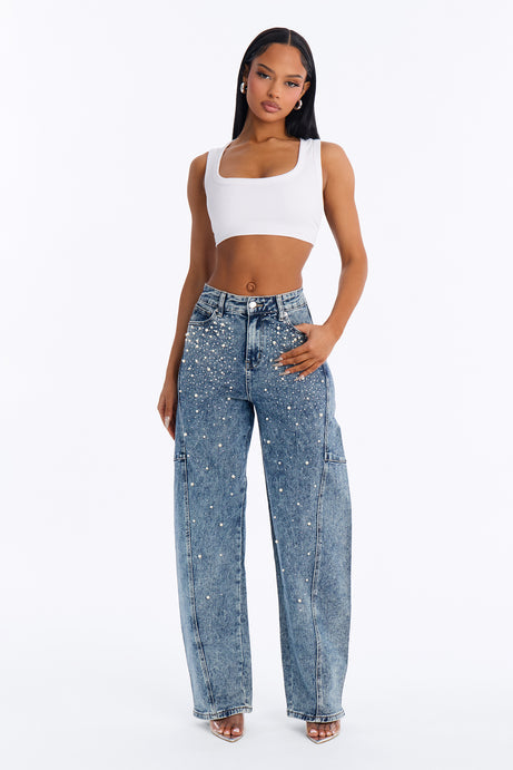 Clutching Her Pearls Embellished Loose Fit Jeans