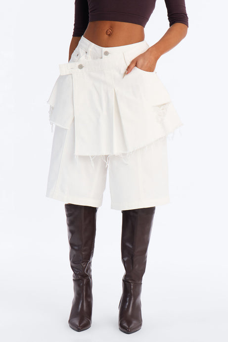 Peyton Skirt Overlay Ripped Culotte Jeans - White