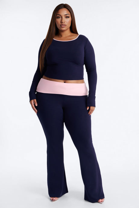 Chill Mode Long Sleeve Foldover Waistband Pant Set - Navy/combo