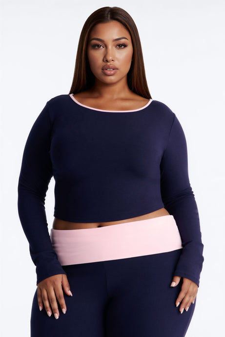 Chill Mode Long Sleeve Foldover Waistband Pant Set - Navy/combo